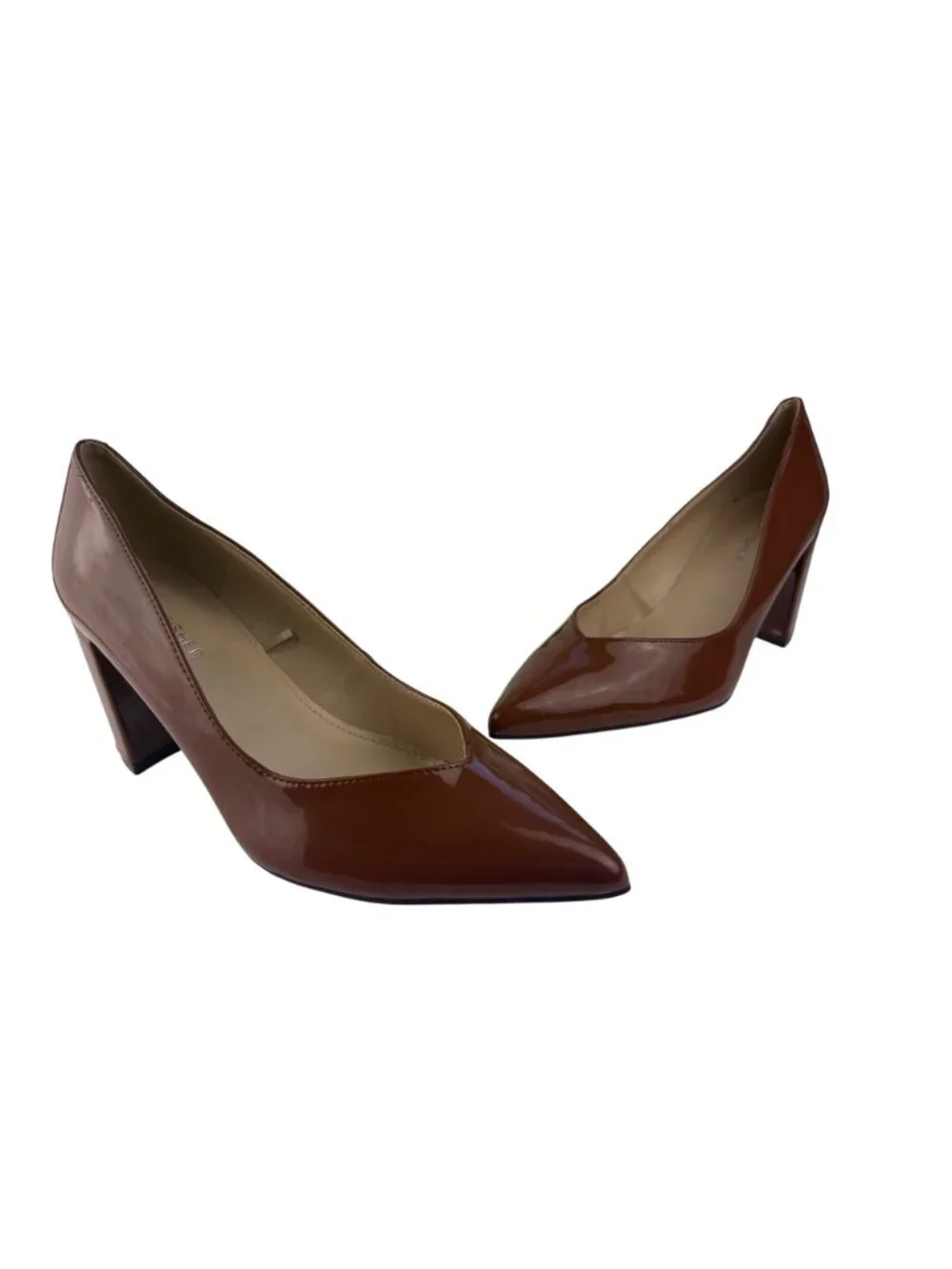 Marc Fisher Caitlin Brown Patent Leather Pointed Toe Block Heel Pumps Size 8 M